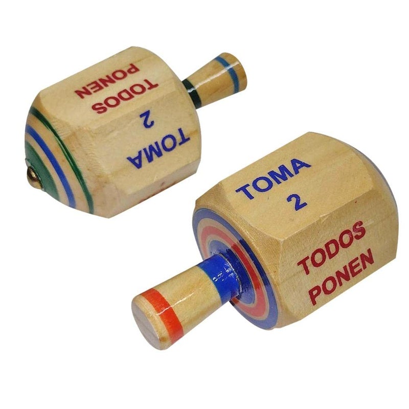 More Fiesta-Pack of 2 Pirinola Toma Todo Game - Set of 2 Hand Painted Wood 3 Inches Tall Spinning Tops Traditional Mexican Game in Spanish, for Cinco De Mayo Party (Traditional) - Image 1
